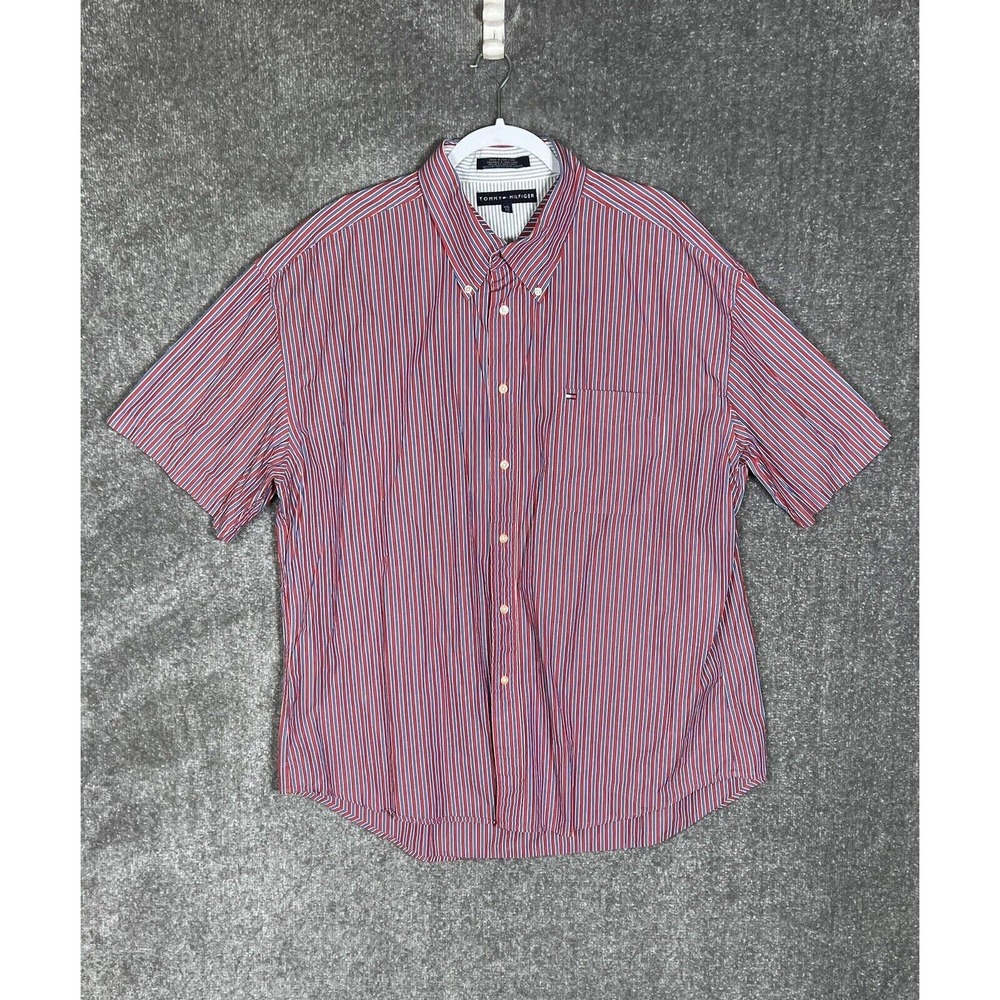 Tommy Hilfiger Shirt Mens Sz XXL Red White Blue Striped Short Sleeve Button Down